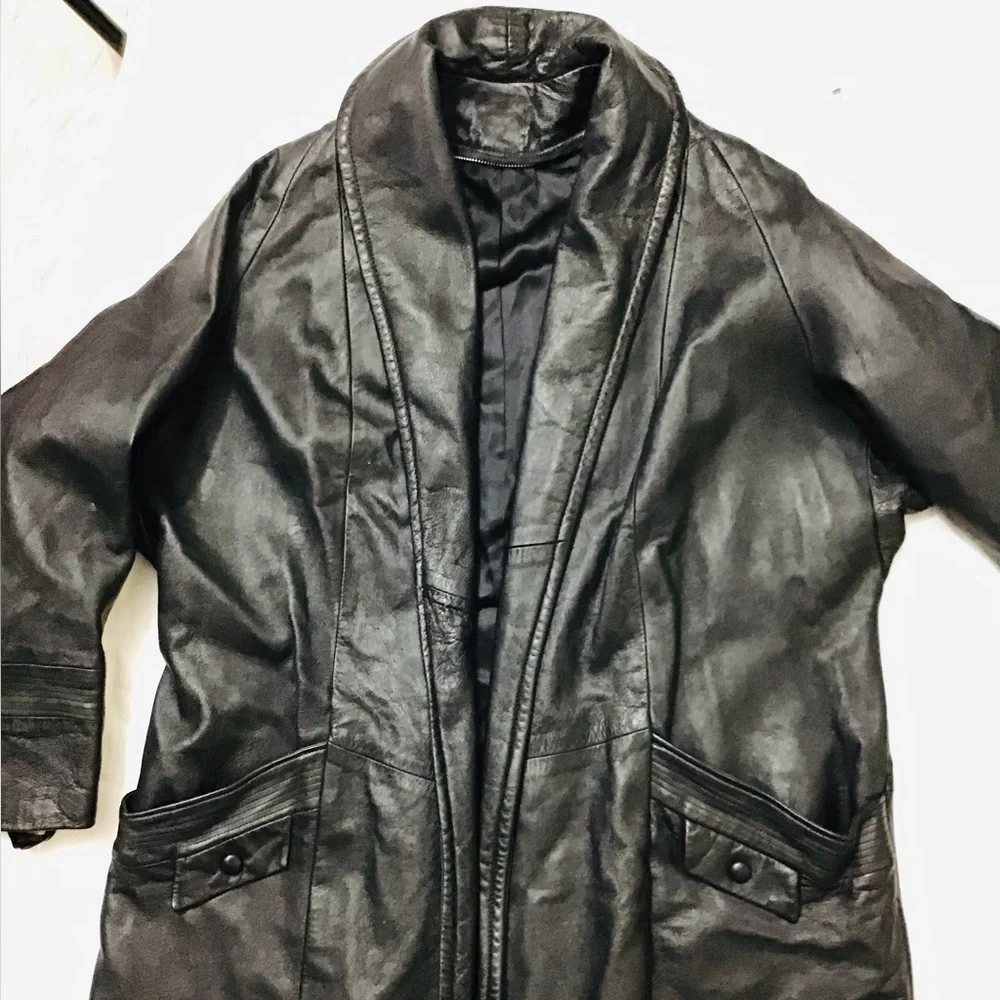 VINTAGE Black Leather Maxi Coat - Picture 7 of 12